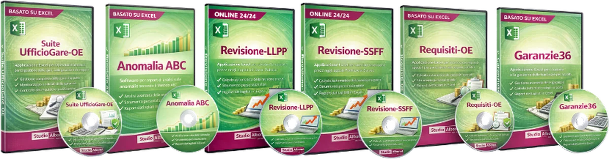 Le confezioni dei sei software: Suite UfficioGare-OE, Anomalia ABC, Revisione-LLPP, Revisione-SSFF, Requisiti-OE e Garanzie36